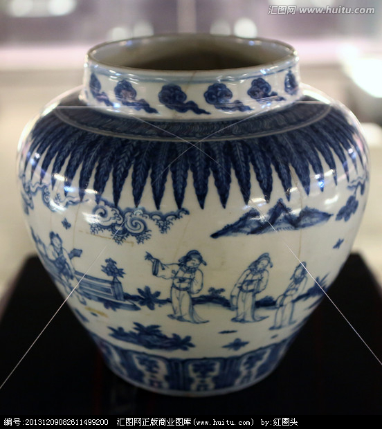 明朝青花携琴访友图罐,文物考古,文化艺术,摄影,汇图网www.huitu.com